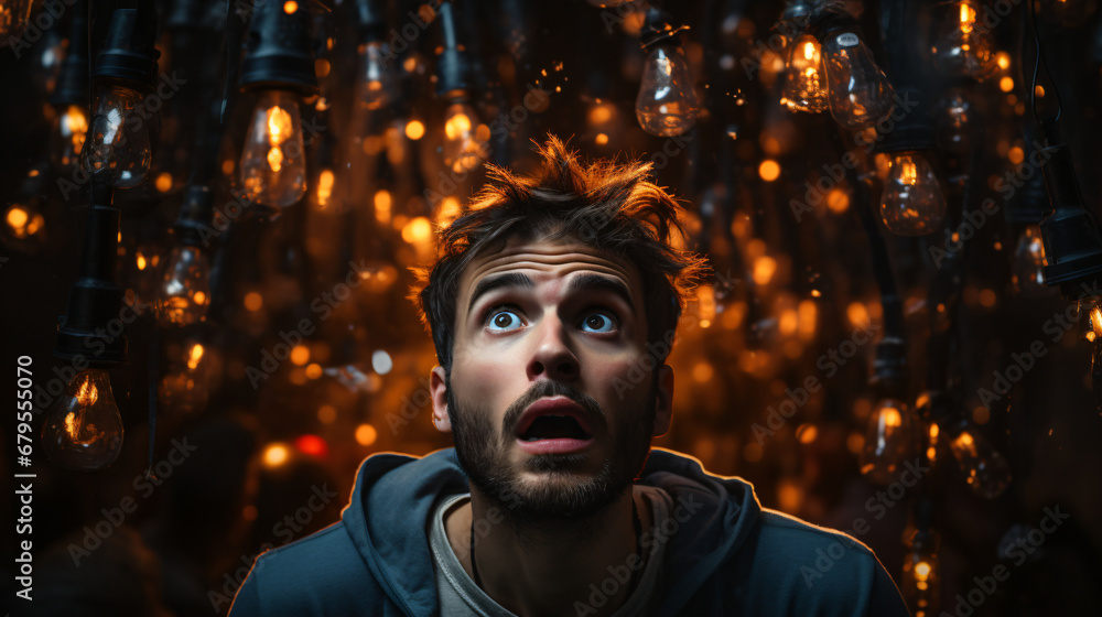 a man stands with his eyes wide open under countless hanging light bulbs that shine a man stands with his eyes wide open under countless hanging light bulbs that shine