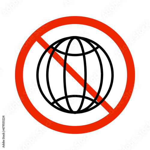 Not connected to web, not connected to internet sign on white background. Earth globus icon in circle red sign.Network problem and error icon.Globe symbol with red prohibition mark.Vector illustration