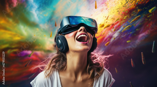 Excited woman in virtual reality headset is watching at amazing colorful world © standret