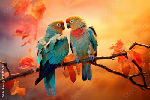 Exotic lovebirds perch on a branch at dusk, Evening time, focused image