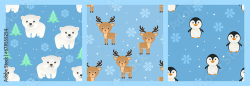 Winter seamless pattern with arctic animals. Set of background with cute penguins, funny reindeer and polar bear cub on blue background. Vector simple cartoon illustration. 