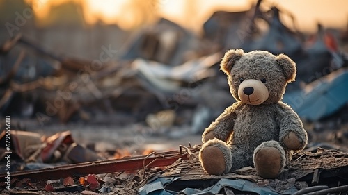 An ancient teddy bear amid a home ruin. building destruction following hostilities, a war, an earthquake, or a natural calamity. idea of child poverty..