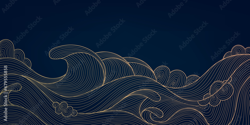 Vector wave japanese background. Gold sea, river, ocean wavy pattern, line banner, wall art, illustration. Luxury vintage abstract landscape. - obrazy, fototapety, plakaty 