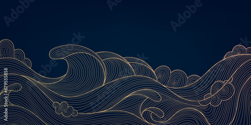 Vector wave japanese background. Gold sea, river, ocean wavy pattern, line banner, wall art, illustration. Luxury vintage abstract landscape.