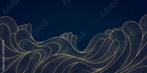 Vector wave japanese background. Gold sea, river, ocean wavy pattern, line banner, wall art, illustration. Luxury vintage abstract landscape.