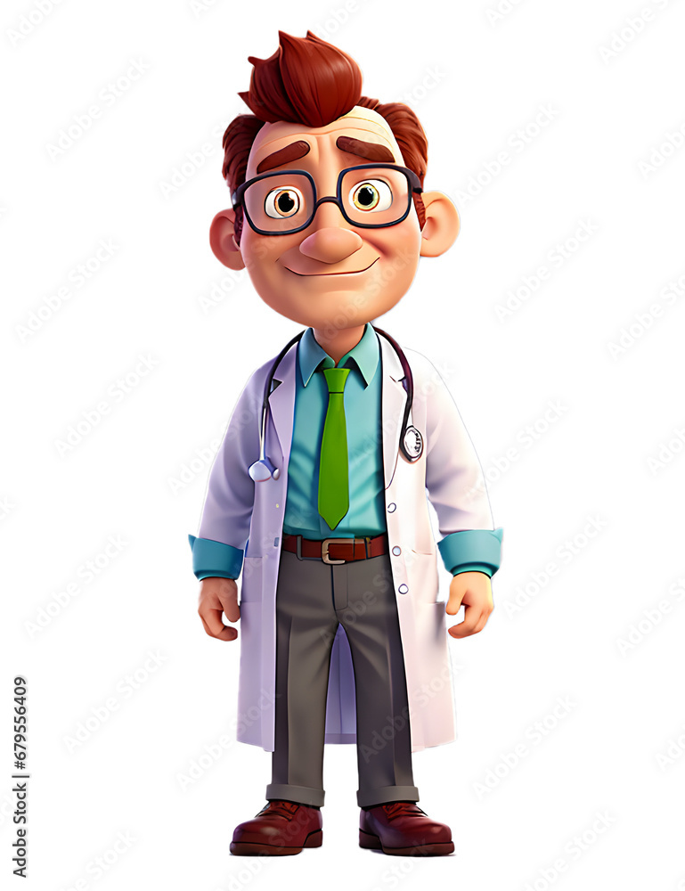 doctor with  stethoscope 3D cartoon illustration , doctor mascot design isolated on transparent background , PNG file 
