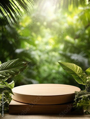 Wooden product display podium with blurred nature leaves background. copy space  generative ai