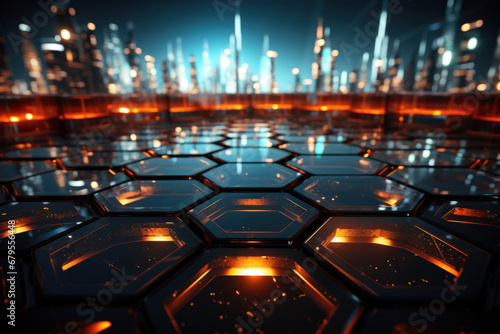 Abstract night cityscape with blurred city lights and hexagonal pavement pattern  sci-fi background
