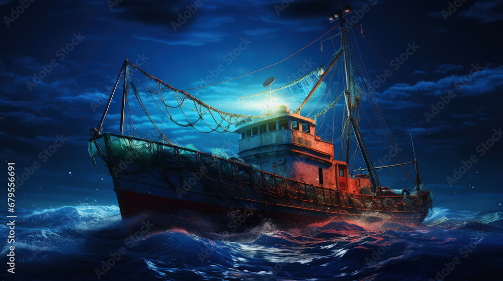 Fishing boat sails the ocean on a stormy night - obrazy, fototapety, plakaty 