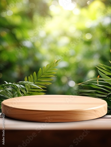 Wooden product display podium with blurred nature leaves background. copy space, generative ai