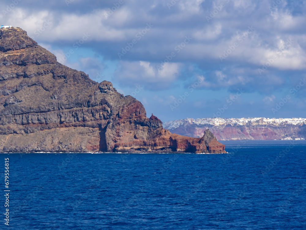 Sailing to Santorini (officially Thira and Classical Greek Thera) island, Cyclades islands, Aegean Sea, Greece Sailing to Santorini (officially Thira and Classical Greek Thera) island, Cyclades islands, Aegean Sea, Greece