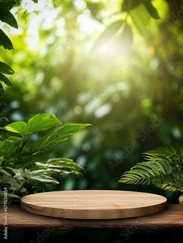 Wooden product display podium with blurred nature leaves background. copy space, generative ai