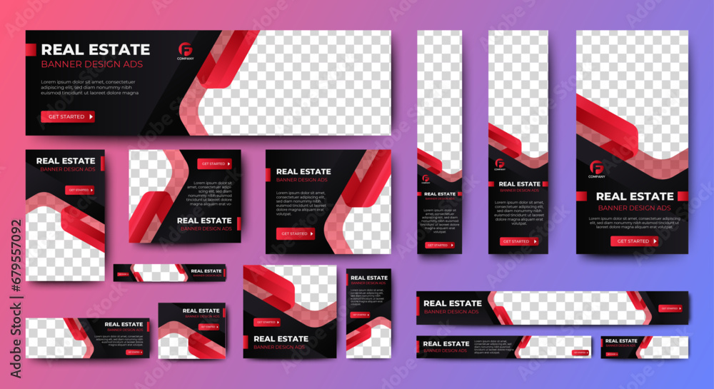 Real estate business web ad banner template with photo place. Modern layout black background and orange shape and text design Real estate business web ad banner template with photo place. Modern layout black background and orange shape and text design