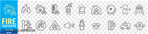Firehose, Fire Alarm systems, Sprinkler, Heat detector, Firefighter, Smoke sensor, Emergency exit, Powder extinguishing module, Fire extinguisher, sign symbol collections, vector illustration