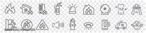 Firehose, Fire Alarm systems, Sprinkler, Heat detector, Firefighter, Smoke sensor, Emergency exit, Powder extinguishing module, Fire extinguisher, sign symbol collections, vector illustration