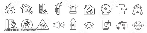 Firehose, Fire Alarm systems, Sprinkler, Heat detector, Firefighter, Smoke sensor, Emergency exit, Powder extinguishing module, Fire extinguisher, sign symbol collections, vector illustration