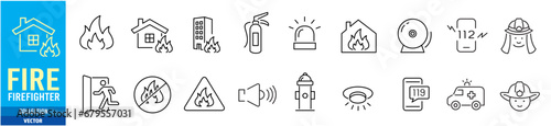 Firehose, Fire Alarm systems, Sprinkler, Heat detector, Firefighter, Smoke sensor, Emergency exit, Powder extinguishing module, Fire extinguisher, sign symbol collections, vector illustration