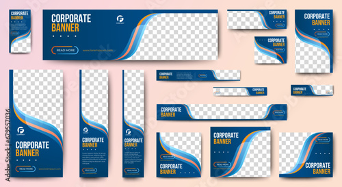 set of corporate web banners of standard size with a place for photos. Vertical, horizontal and square template. vector