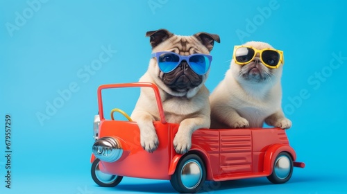 Funny pug dog and cat with sunglasses in toy car on light blue background 