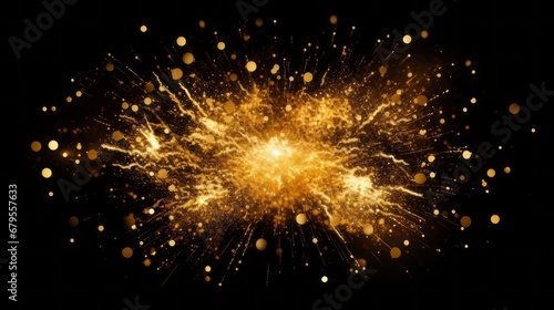 Gold Explosion effect. Festive Fireworks. Isolated on black background. Floating golden sparkles. Glowing Particles. Overlay. 