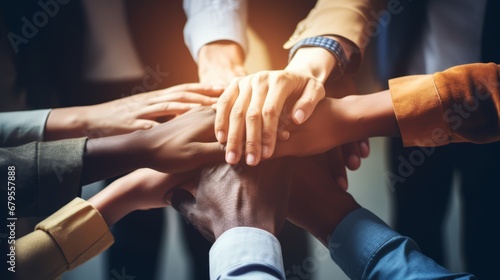 Hands, support and solidarity in team with community in workplace, professional partnership and collaboration mockup. Team building overhead, business people and diversity, company mission together. 