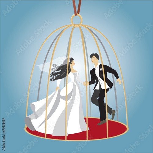 Cople in wedding dance in a birdcage. Square composition. Vector illustration.
