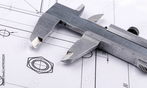 Fotografi Old metal caliper and engineering drawing. Close up