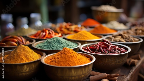 Market display of different spices and grains.