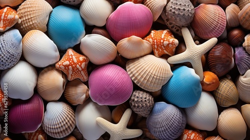 Multicolored shells on a beach setting. photo