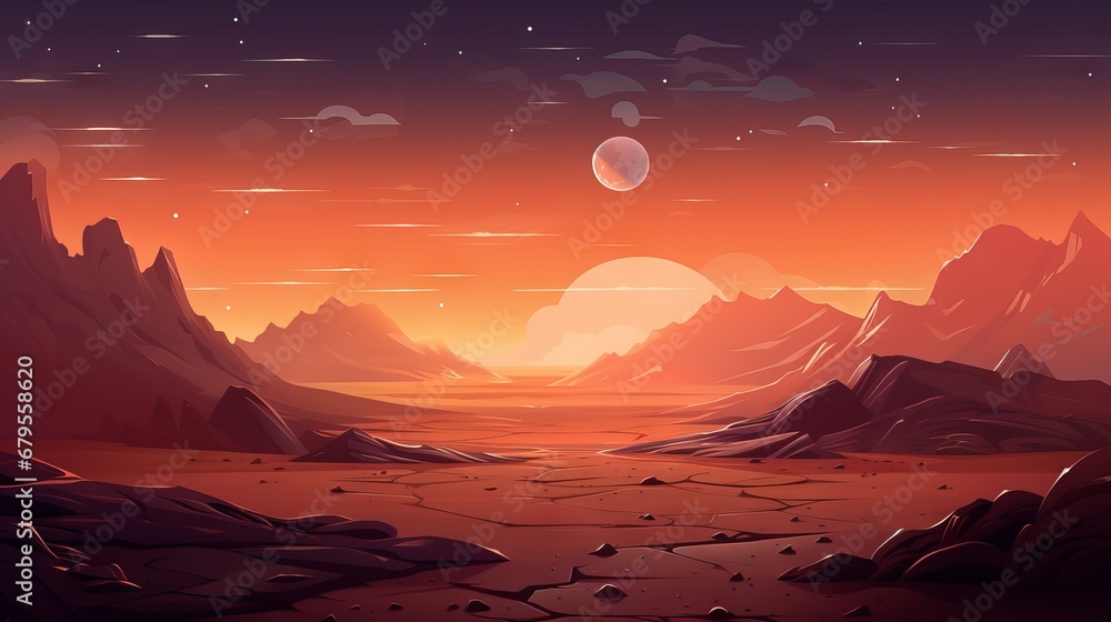 Mars surface, alien planet landscape. Night space game background with ...