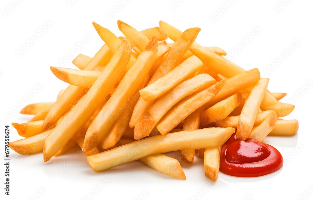 Wooden plate of delicious french fries with ketchup on white background Wooden plate of delicious french fries with ketchup on white background