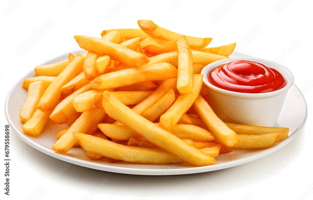 Wooden plate of delicious french fries with ketchup on white background Wooden plate of delicious french fries with ketchup on white background