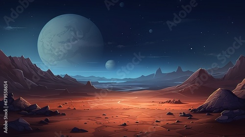Mars surface, alien planet landscape. Night space game background with ground, mountains, stars, Saturn and Earth in sky. Vector cartoon fantastic illustration of cosmos and dark martian surface 