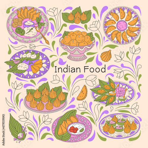 Indian food illustration. Different authentic dishes samosa  Modak  Ladoo  Karanji  and others. Vector.