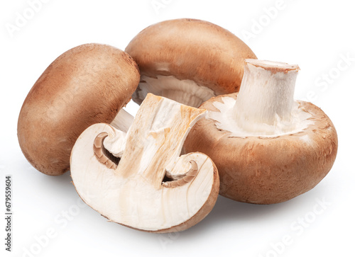 Ripe royal champignon mushrooms with slices of champignons on a white background.