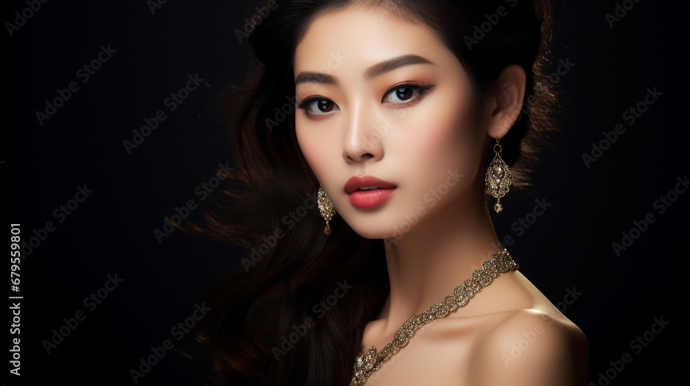 art portrait of beautiful east asian woman with jewelry model makeup