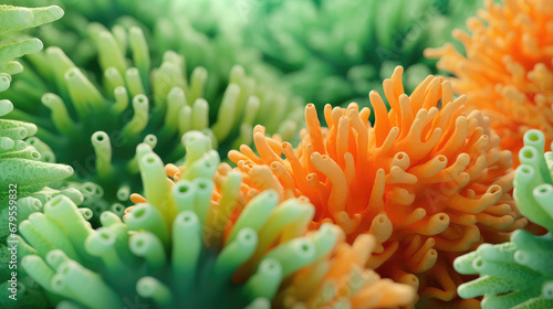 Macro close-up of minimalistic beautiful natural green corals  3d render illustration style. Wallpaper coral texture under water. Marine exotic abstract background. 