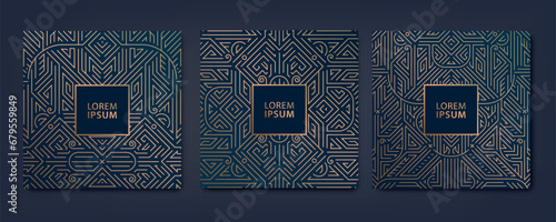 Vector set of fancy pattern, art deco invitations, golden luxury geometric cards. Use for package, branding, decoration.