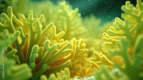 Macro close-up of minimalistic beautiful natural yellow corals  3d render illustration style. Wallpaper coral texture under water. Marine exotic abstract background. 