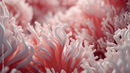 Macro close-up of minimalistic beautiful natural corals  3d render illustration style. Wallpaper pink coral texture under water. Marine exotic abstract background. 