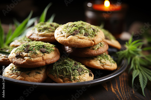 cookies baked with marijuana and cannabis leaves on table. Edible food with legal drugs photo
