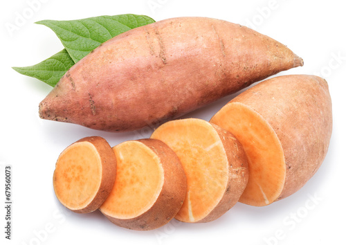 Sweet potatoes with sweet potato slices and batata leaves.