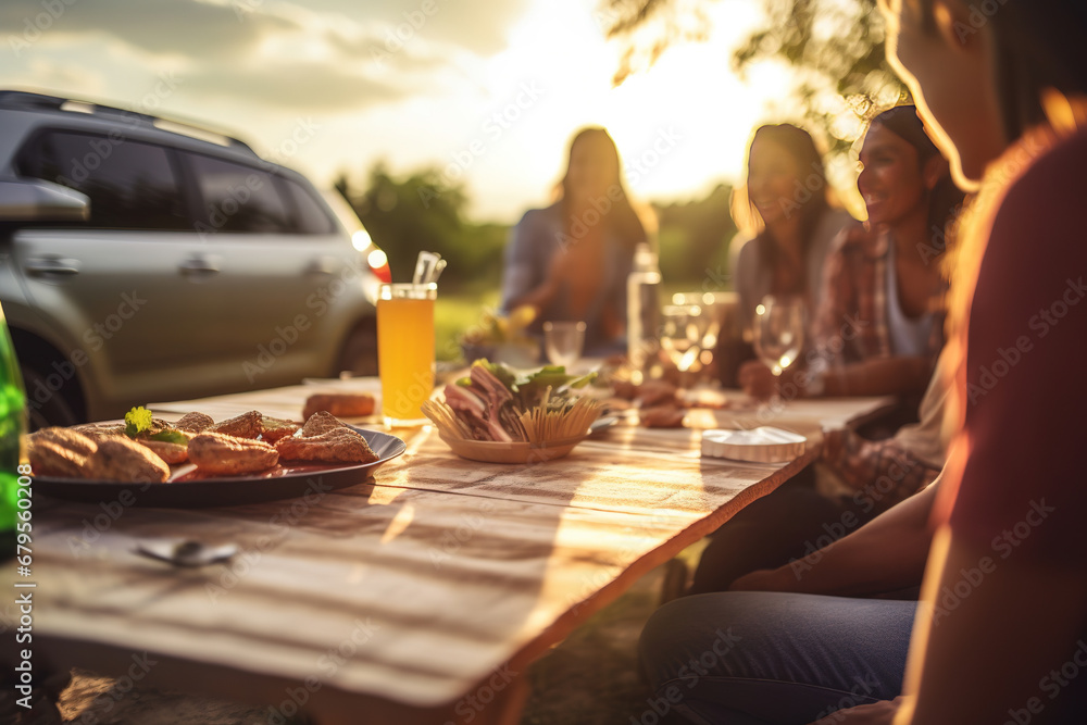 close up of picnic table and blured group of friends enjoying a road trip picnic by their parked cars, surrounded by beautiful nature and the open road close up of picnic table and blured group of friends enjoying a road trip picnic by their parked cars, surrounded by beautiful nature and the open road