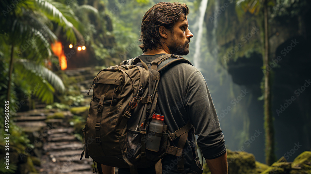 Back view of traveler in a backpack standing in a jungle road.