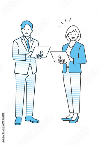 ノートパソコンを持つビジネスマンとビジネスウーマンの全身ベクターイラスト素材