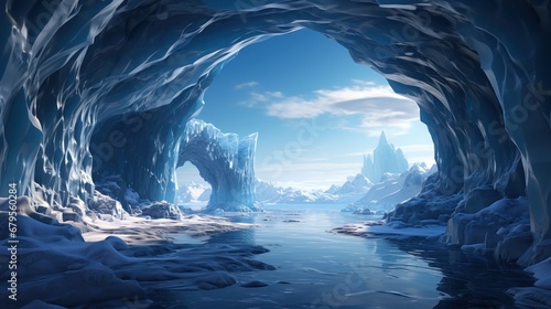 Inside a blue ice cave with frozen pillars. photo