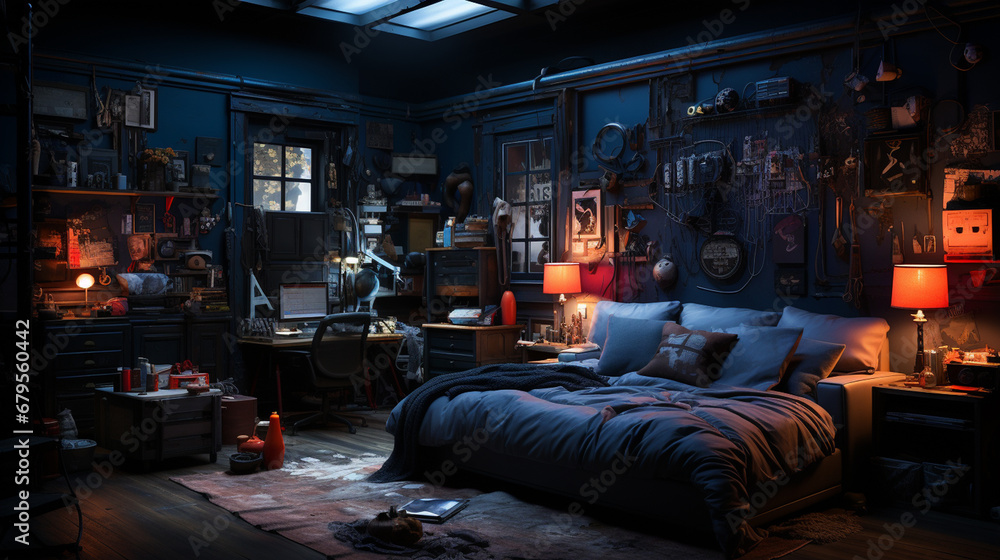 Bedroom with a neon lights at night. Bedroom with a neon lights at night.