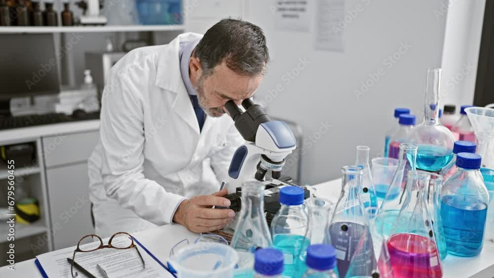 Upset middle age man with grey hair, stressed scientist working at the lab, worried about his microscope discovery Upset middle age man with grey hair, stressed scientist working at the lab, worried about his microscope discovery
