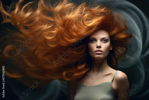Portrait of a young gorgeous woman with long flying hair, fashion photo