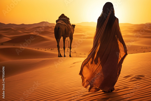 Arabian woman in the desert at sunset travel conception photo